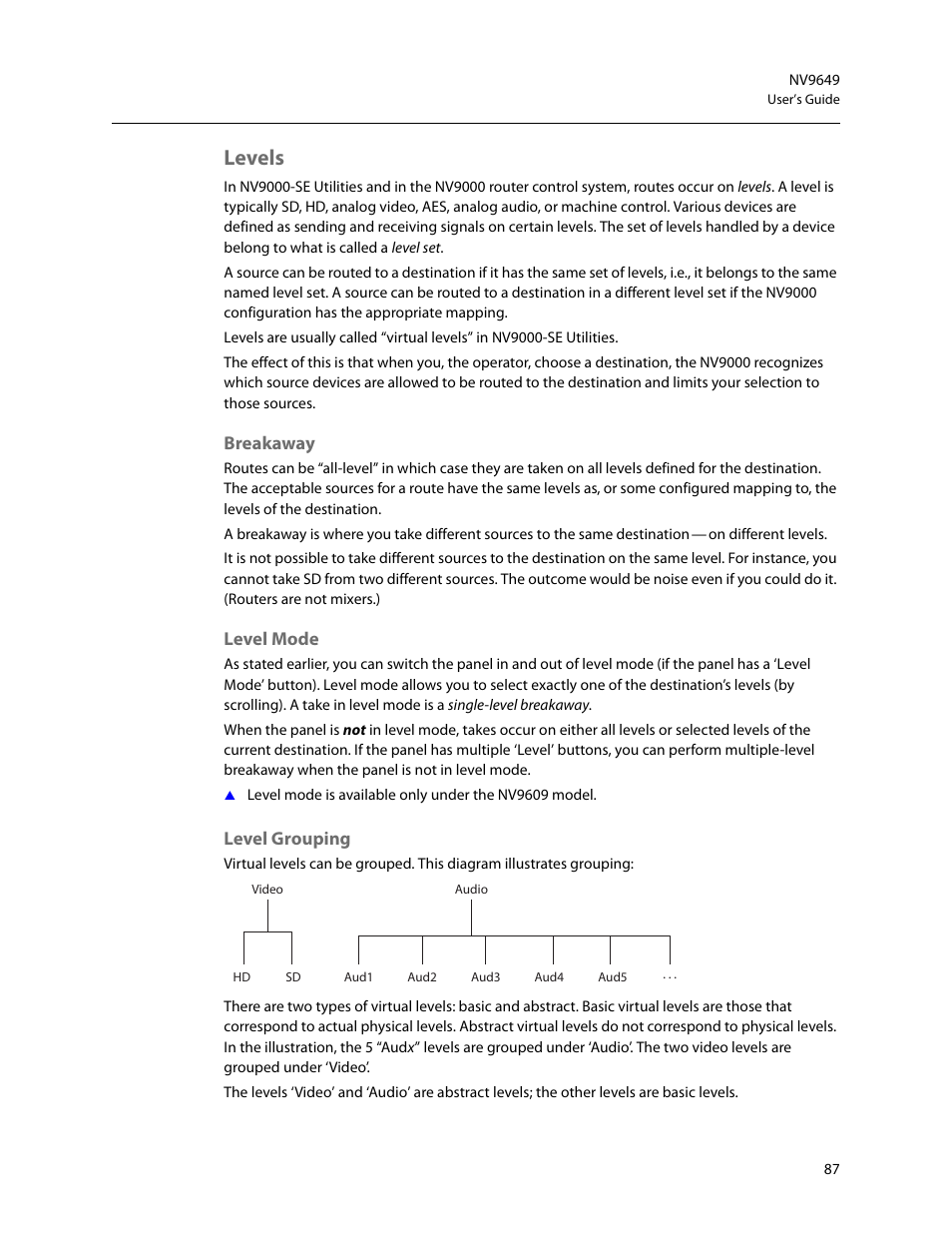 Levels, Breakaway, Level mode | Level grouping, Breakaway level mode level grouping | Grass Valley NV9649 v.1.1 User Manual | Page 99 / 166