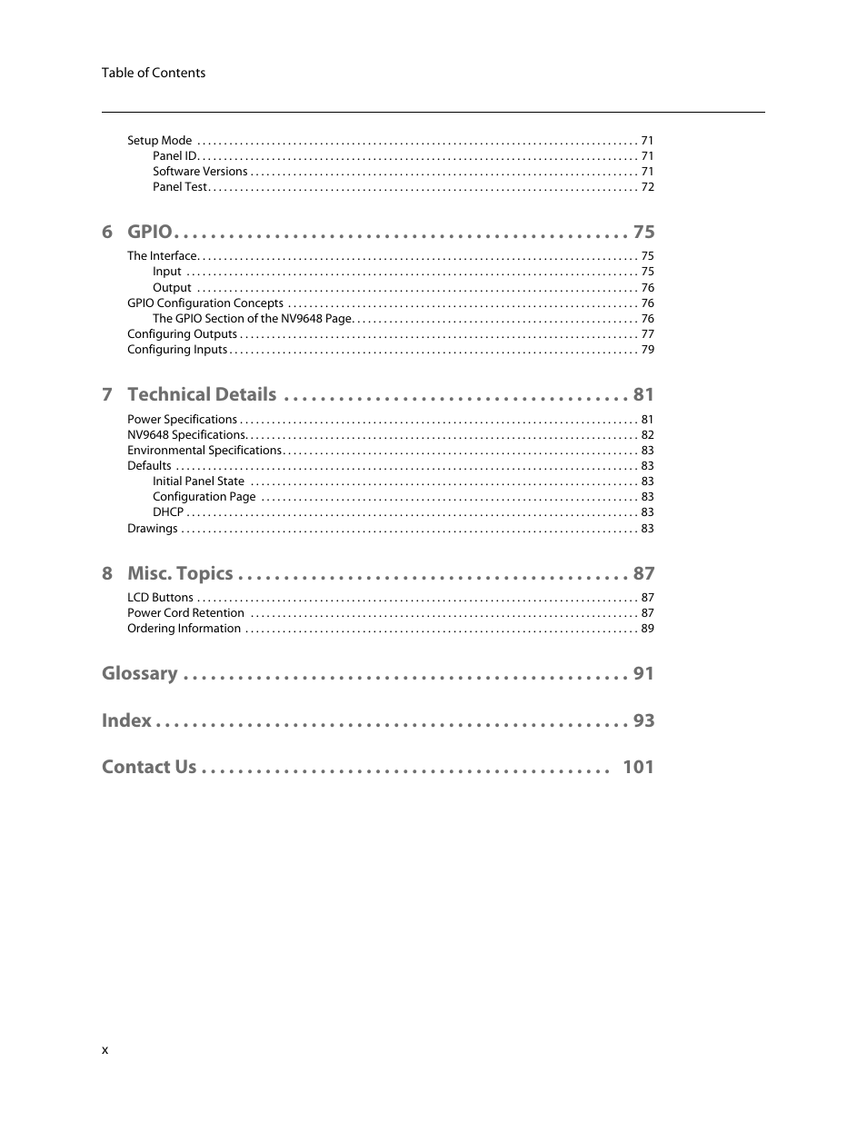 6 gpio, 7 technical details, 8 misc. topics | Glossary index contact us | Grass Valley NV9648 v.1.1 User Manual | Page 10 / 112