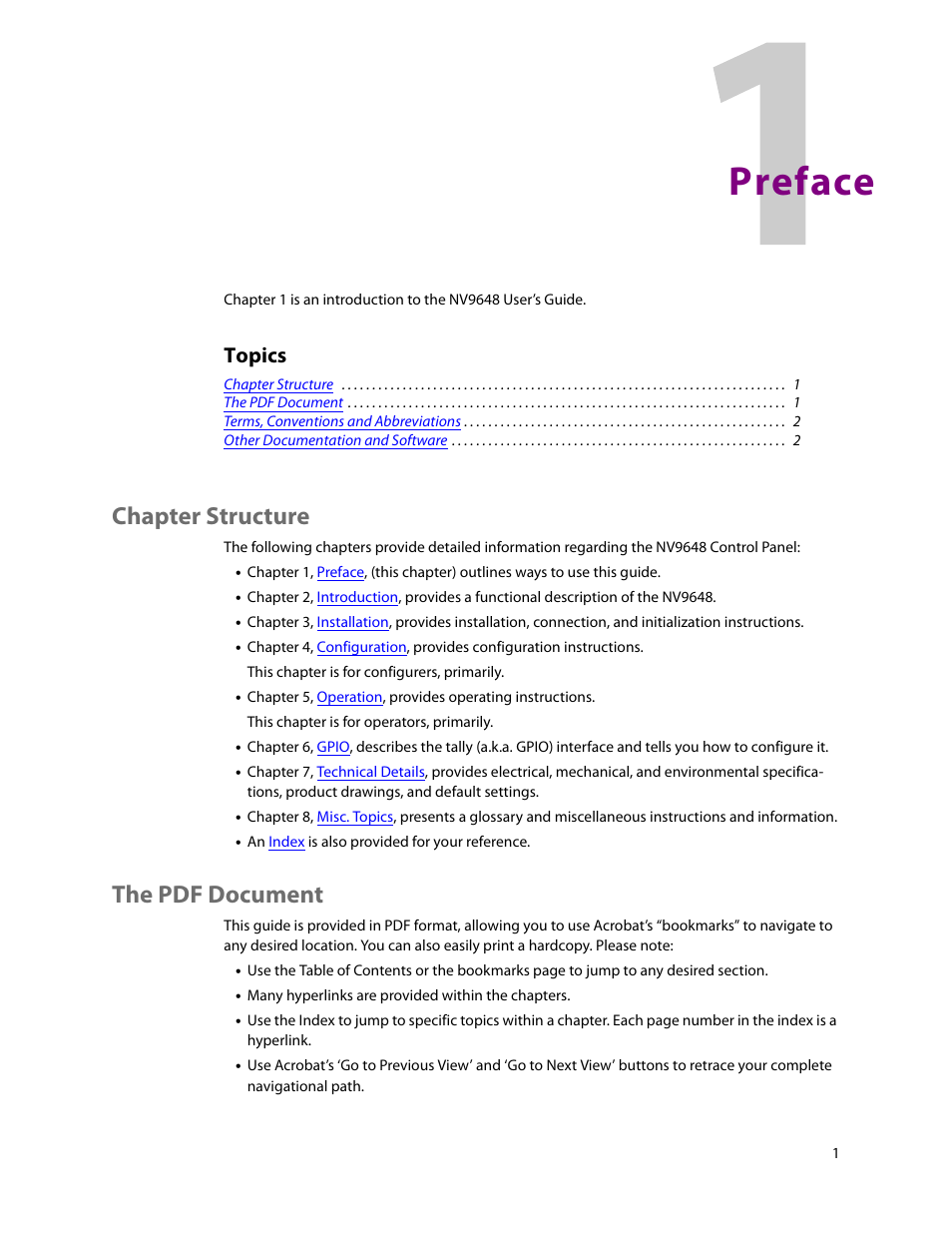 Preface, Chapter structure, The pdf document | 1 preface, Chapter structure the pdf document, Topics | Grass Valley NV9648 v.1.1 User Manual | Page 11 / 112