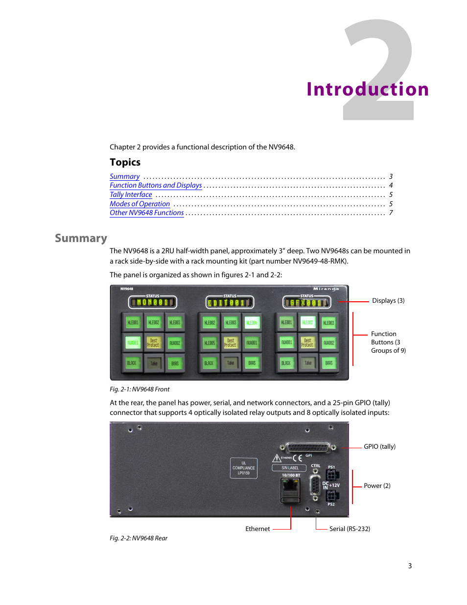 Introduction, Summary, 2 introduction | Chapter 2, Topics | Grass Valley NV9648 v.1.1 User Manual | Page 13 / 112