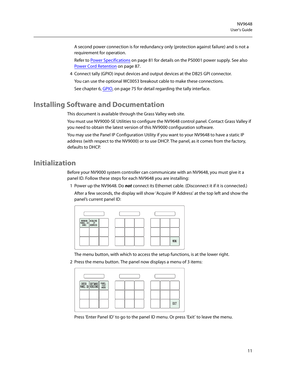 Installing software and documentation, Initialization | Grass Valley NV9648 v.1.1 User Manual | Page 21 / 112