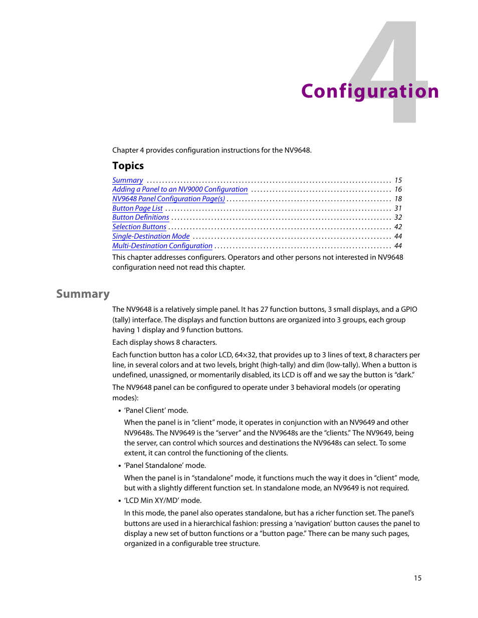 Configuration, Summary, 4 configuration | Chapter 4, Topics | Grass Valley NV9648 v.1.1 User Manual | Page 25 / 112