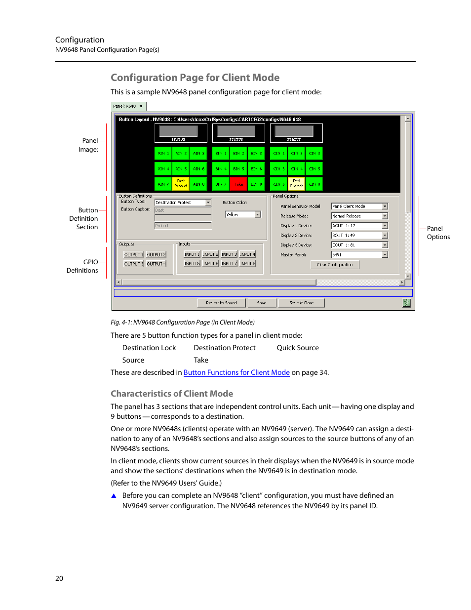 Characteristics of client mode, S 4-1, Configuration page for client mode | Grass Valley NV9648 v.1.1 User Manual | Page 30 / 112
