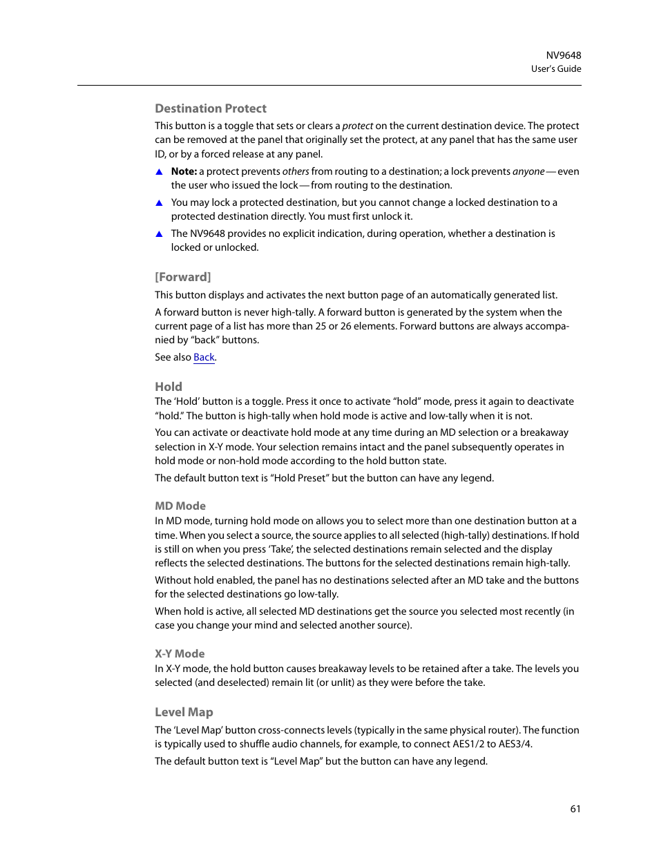 Destination protect, Forward, Hold | Level map, Destination protect [forward] hold level map | Grass Valley NV9648 v.1.1 User Manual | Page 71 / 112