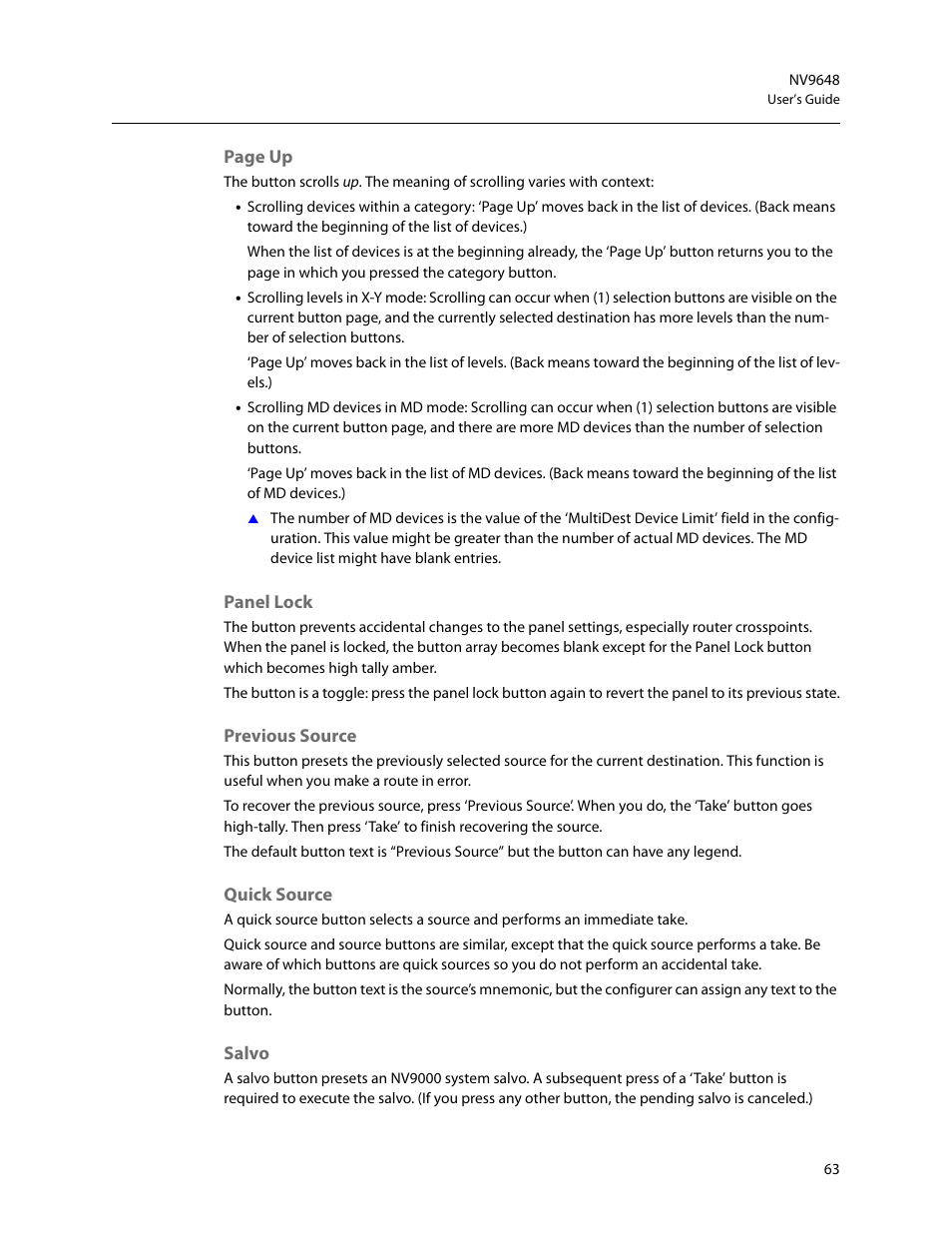 Panel lock, Previous source, Quick source | Salvo | Grass Valley NV9648 v.1.1 User Manual | Page 73 / 112