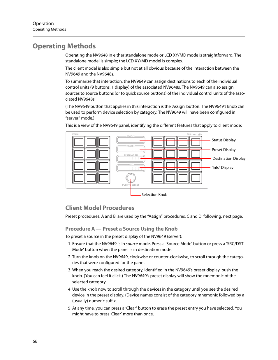 Operating methods, Client model procedures, Procedure a - preset a source using the knob | Procedure a — preset a source using the knob | Grass Valley NV9648 v.1.1 User Manual | Page 76 / 112