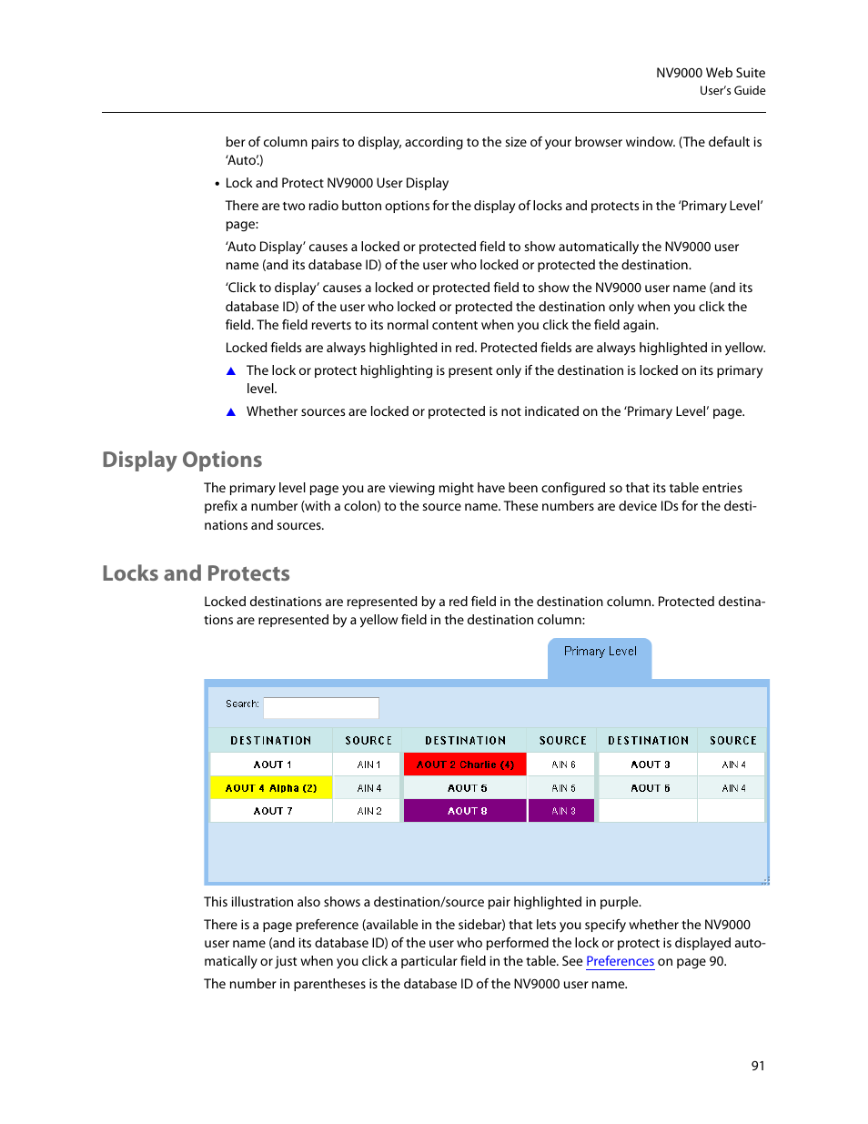 Display options, Locks and protects, Display options locks and protects | Grass Valley NV9000 Web Suite v.1.2 User Manual | Page 101 / 118