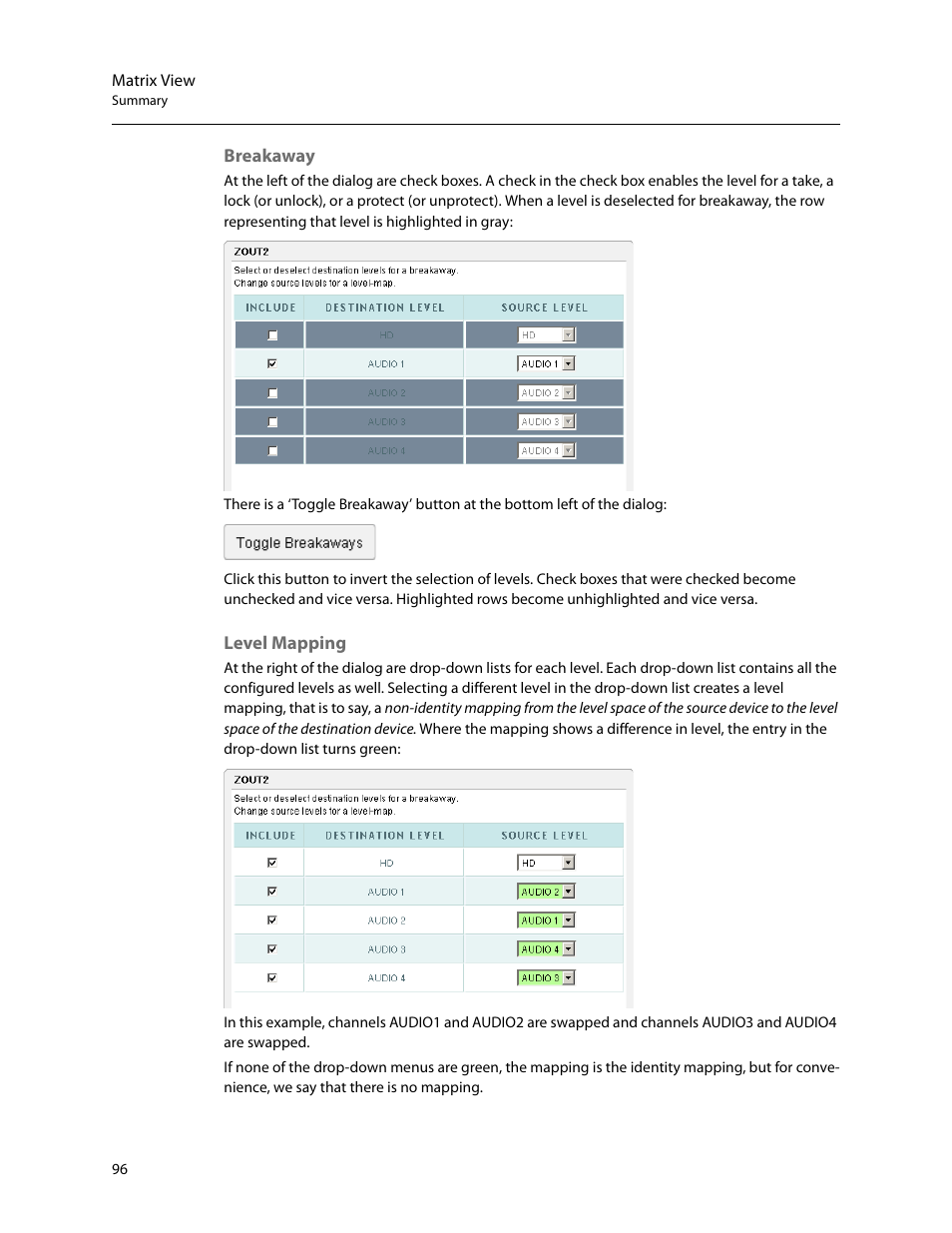 Breakaway level mapping | Grass Valley NV9000 Web Suite v.1.2 User Manual | Page 106 / 118