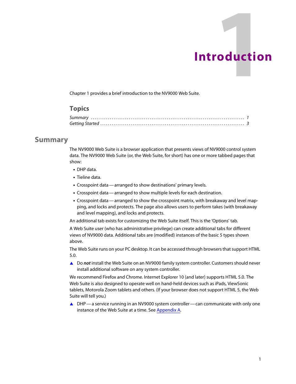 Introduction, Summary, 1 introduction | Topics | Grass Valley NV9000 Web Suite v.1.2 User Manual | Page 11 / 118