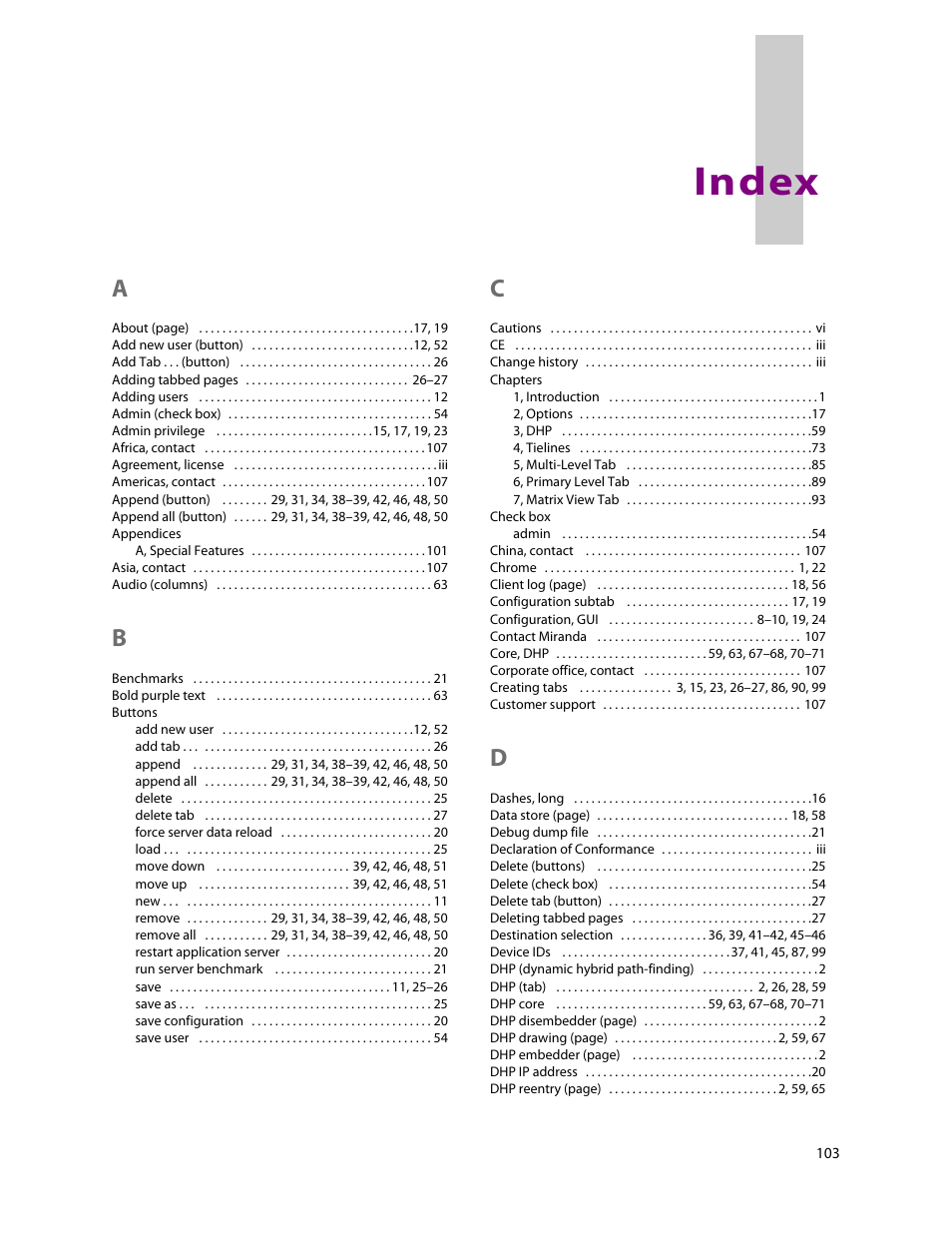 Index | Grass Valley NV9000 Web Suite v.1.2 User Manual | Page 113 / 118