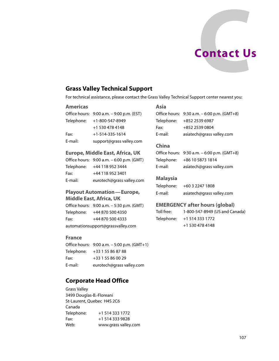 Contact us, Africa, contact, Americas, contact | Asia, contact, China, contact, Contact miranda, Corporate office, contact, Customer support, E-mail address, Europe, contact | Grass Valley NV9000 Web Suite v.1.2 User Manual | Page 117 / 118