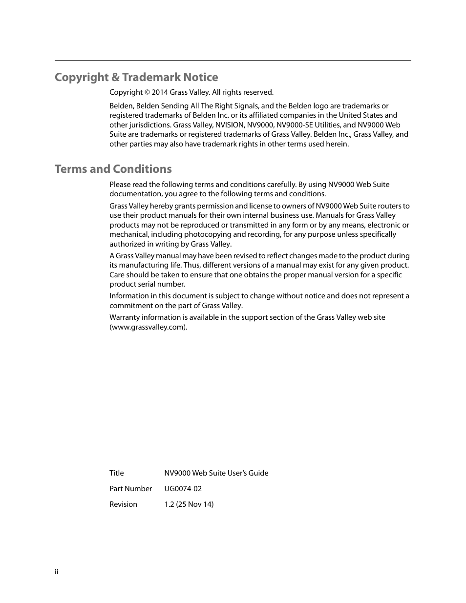 Copyright & trademark notice, Terms and conditions | Grass Valley NV9000 Web Suite v.1.2 User Manual | Page 2 / 118