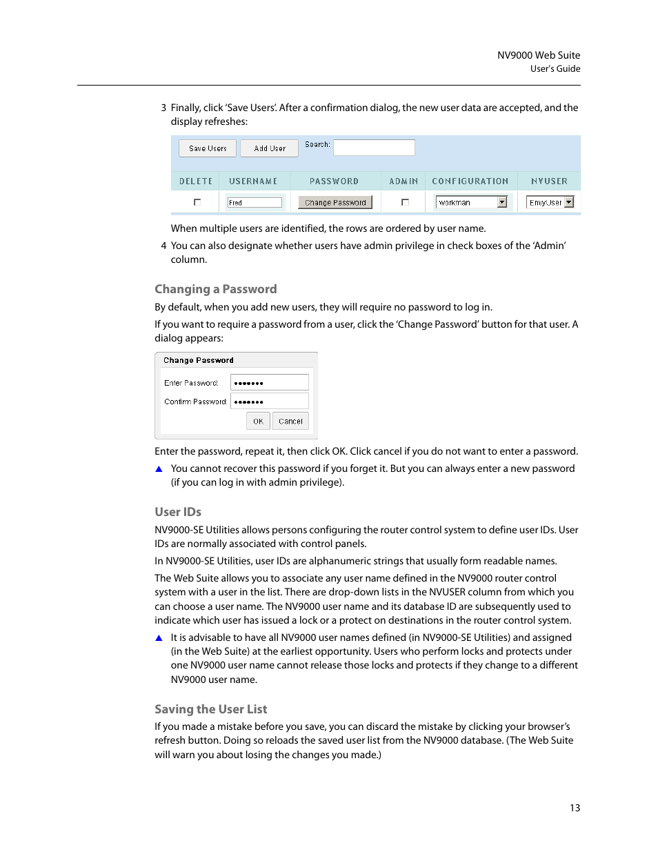 Changing a password user ids saving the user list | Grass Valley NV9000 Web Suite v.1.2 User Manual | Page 23 / 118