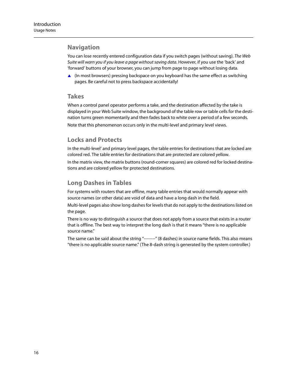 Navigation, Takes, Locks and protects | Long dashes in tables | Grass Valley NV9000 Web Suite v.1.2 User Manual | Page 26 / 118