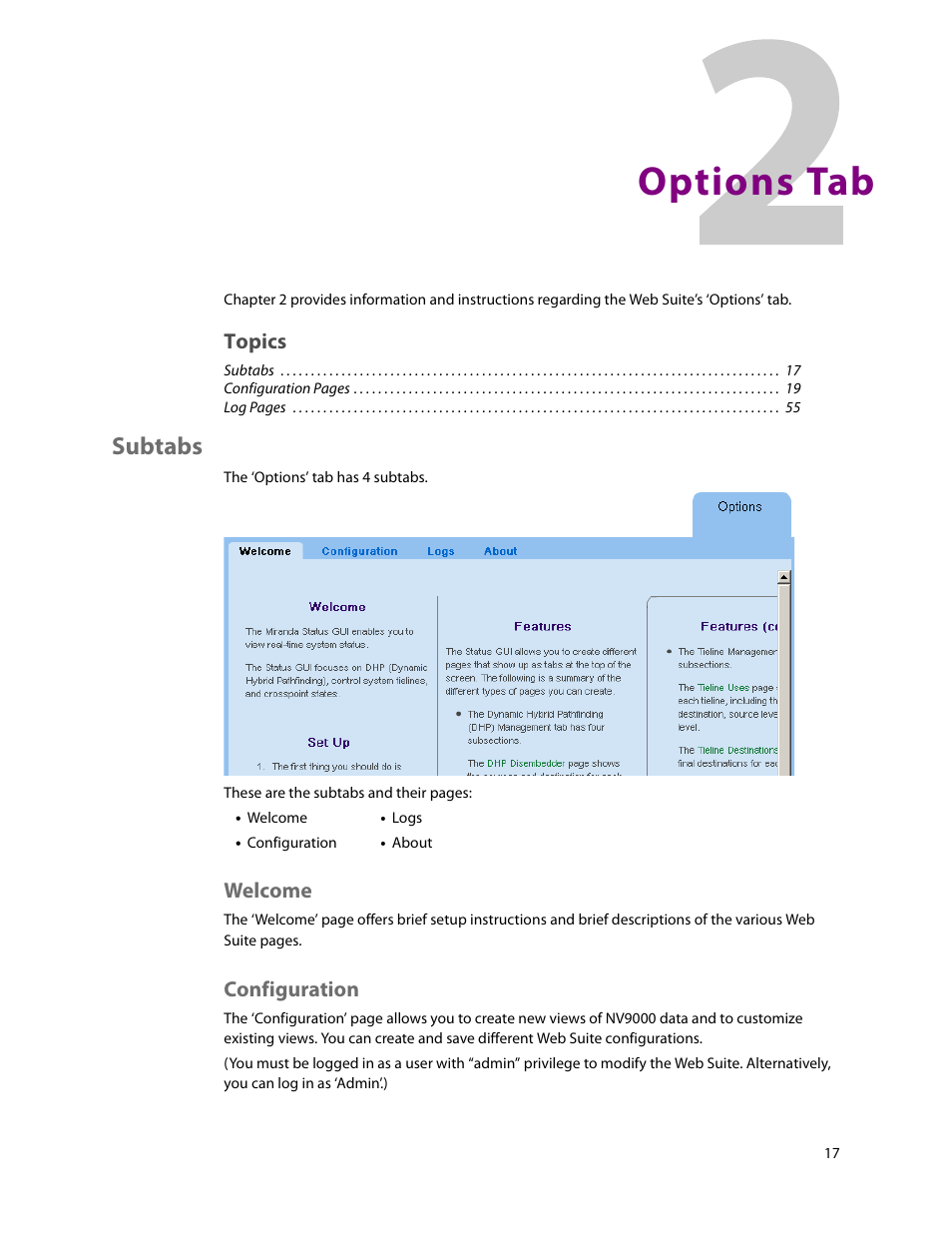 Options tab, Subtabs, Welcome | Configuration, 2 options tab, Welcome configuration, E chapter 2 | Grass Valley NV9000 Web Suite v.1.2 User Manual | Page 27 / 118