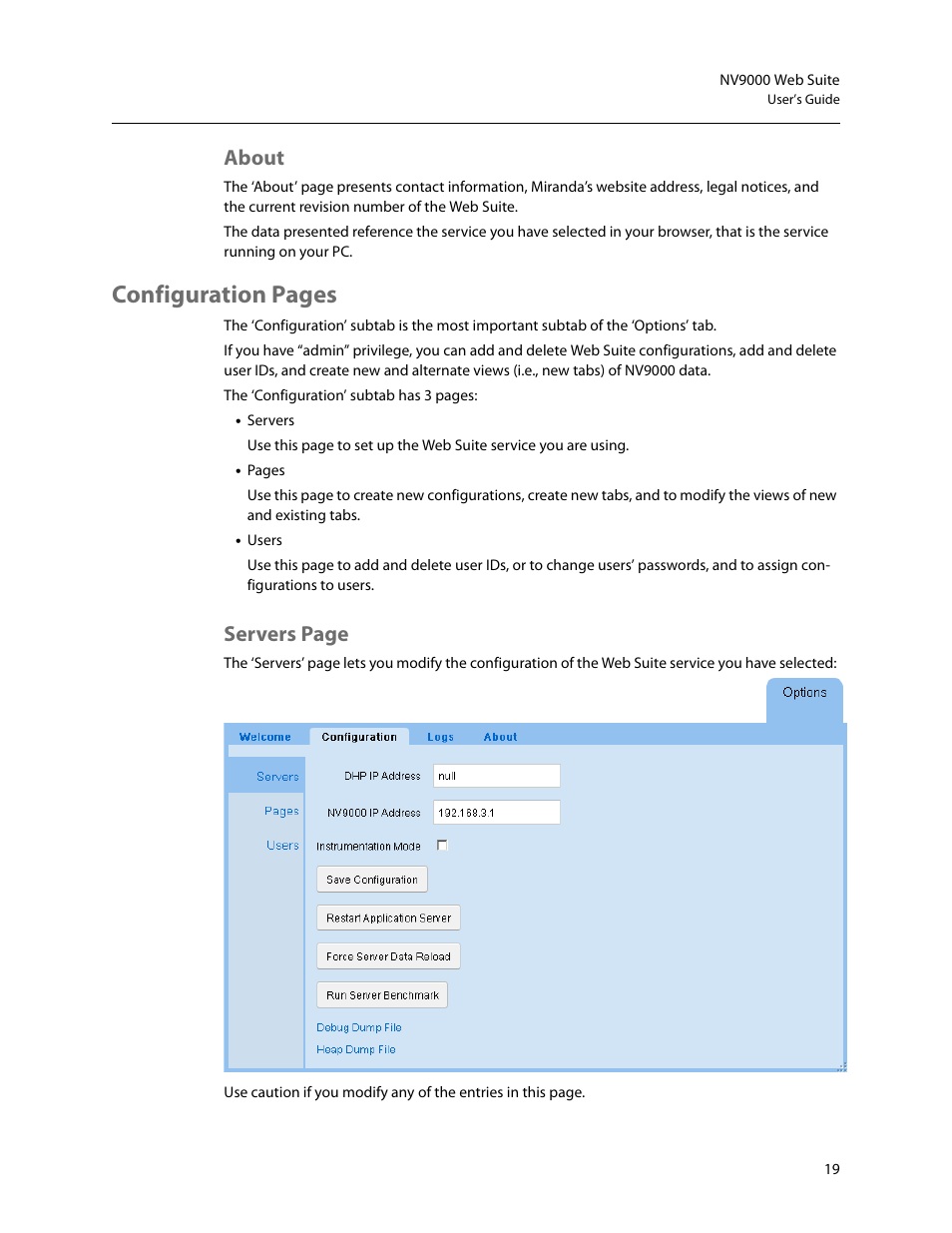 About, Of t, Configuration pages | Servers page | Grass Valley NV9000 Web Suite v.1.2 User Manual | Page 29 / 118