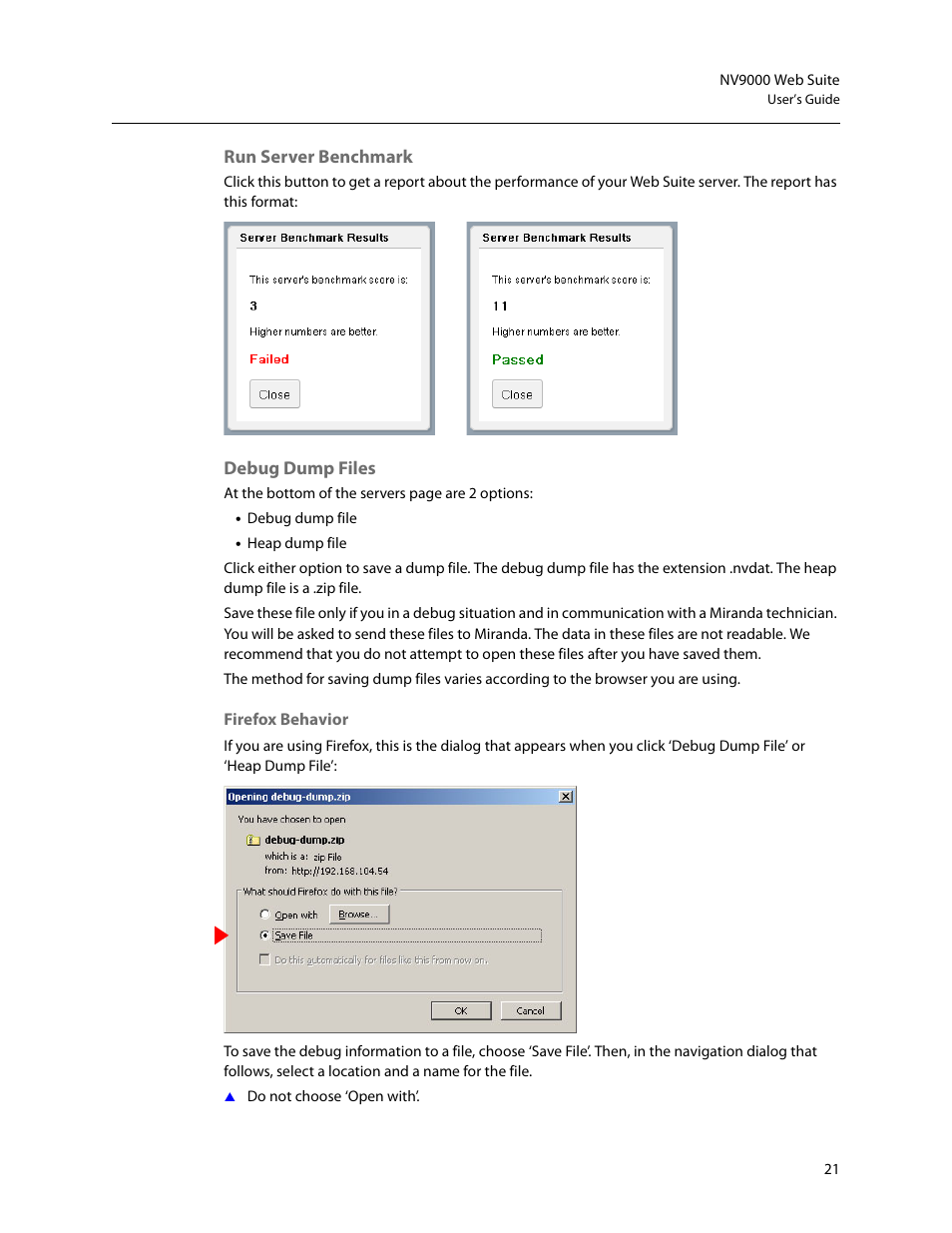 Run server benchmark debug dump files | Grass Valley NV9000 Web Suite v.1.2 User Manual | Page 31 / 118