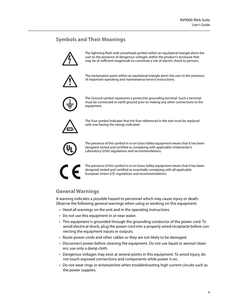 Symbols and their meanings general warnings | Grass Valley NV9000 Web Suite v.1.2 User Manual | Page 5 / 118