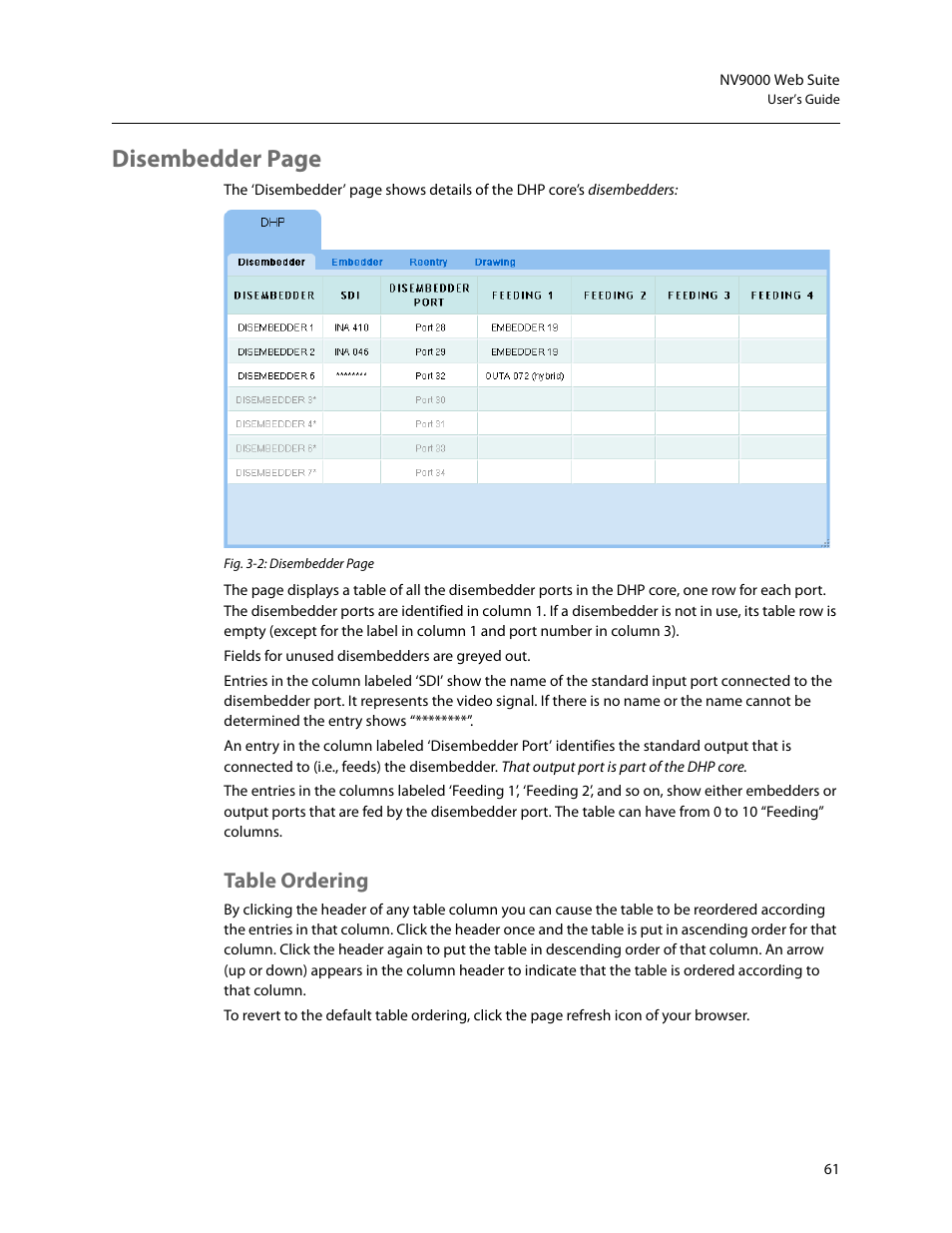 Table ordering, Disembedder page | Grass Valley NV9000 Web Suite v.1.2 User Manual | Page 71 / 118