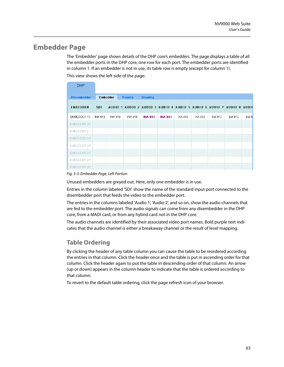 Table ordering, Embedder page | Grass Valley NV9000 Web Suite v.1.2 User Manual | Page 73 / 118