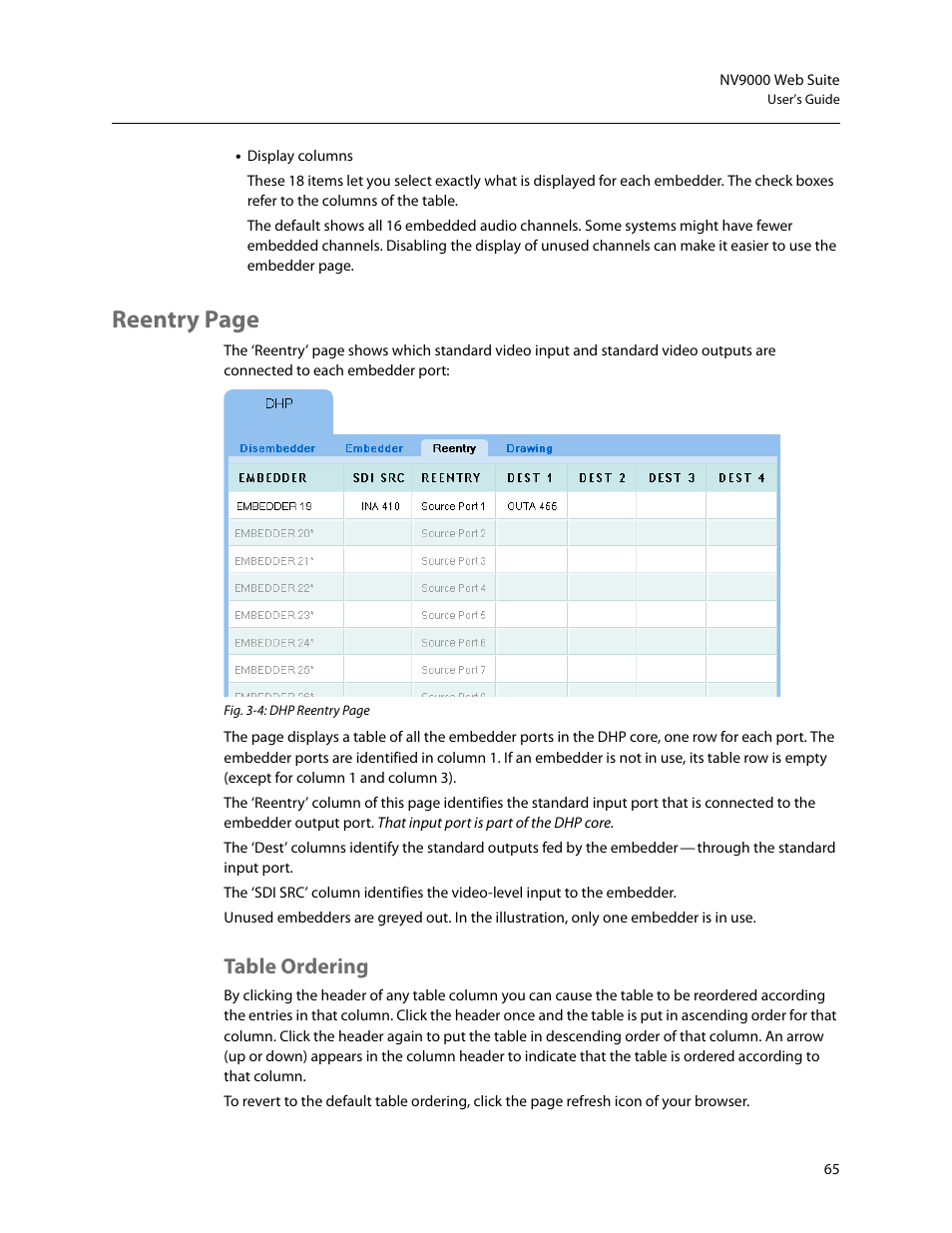 Table ordering, Reentry page | Grass Valley NV9000 Web Suite v.1.2 User Manual | Page 75 / 118