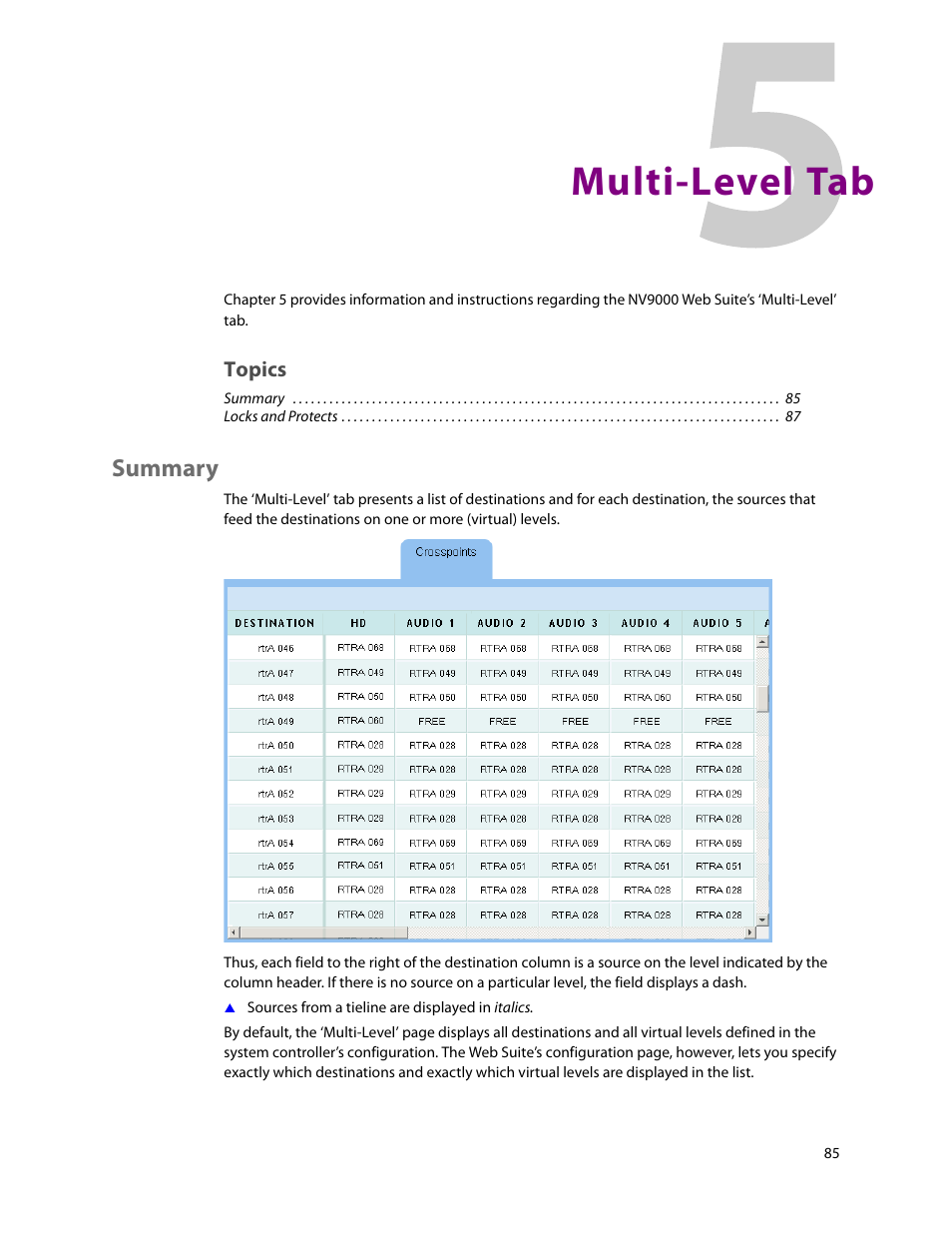 Multi-level tab, Summary, 5 multi-level tab | E chapter 5 | Grass Valley NV9000 Web Suite v.1.2 User Manual | Page 95 / 118