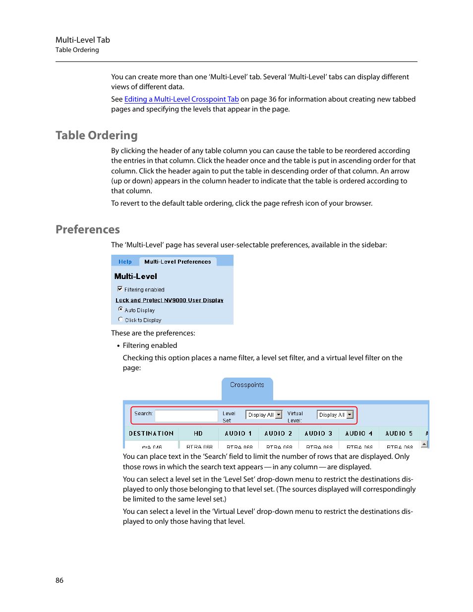 Table ordering, Preferences, Table ordering preferences | Grass Valley NV9000 Web Suite v.1.2 User Manual | Page 96 / 118