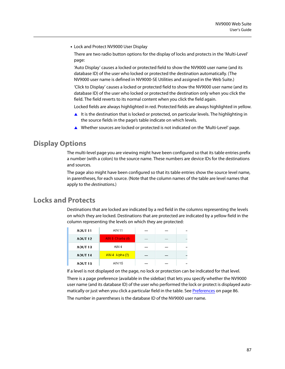 Display options, Locks and protects, Display options locks and protects | Grass Valley NV9000 Web Suite v.1.2 User Manual | Page 97 / 118