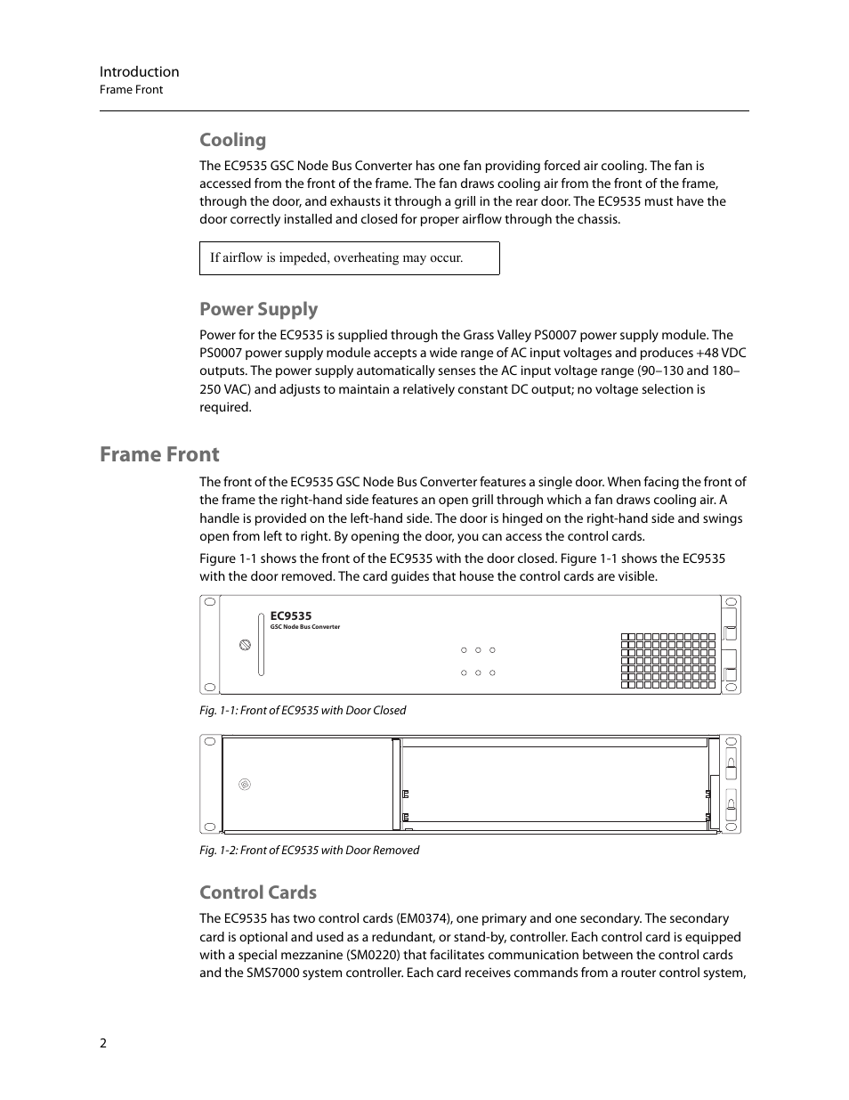 Cooling, Power supply, Frame front | Control cards, Cooling power supply | Grass Valley EC9535 v.1.1 User Manual | Page 10 / 44