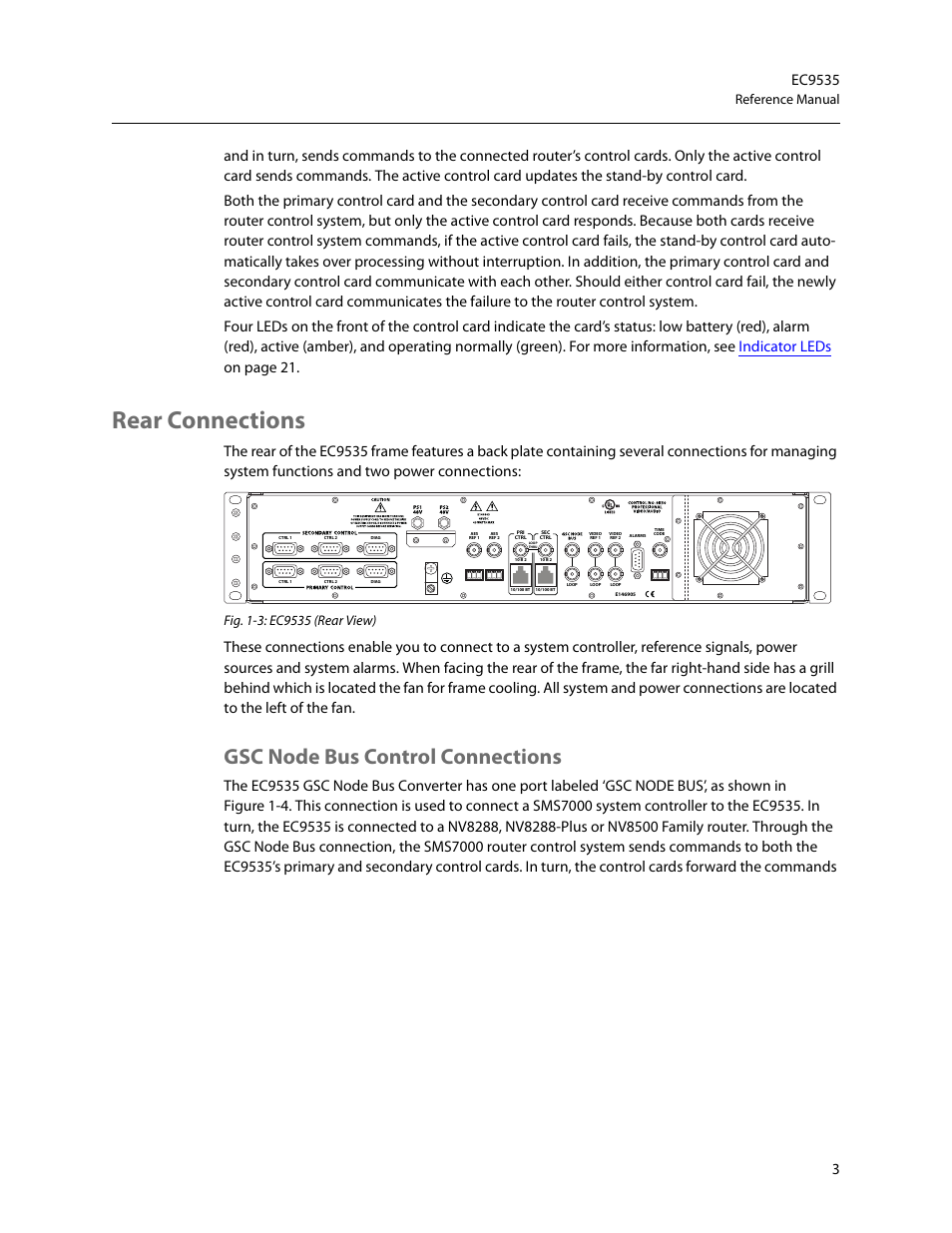 Rear connections, Gsc node bus control connections, Reference manual | Grass Valley EC9535 v.1.1 User Manual | Page 11 / 44