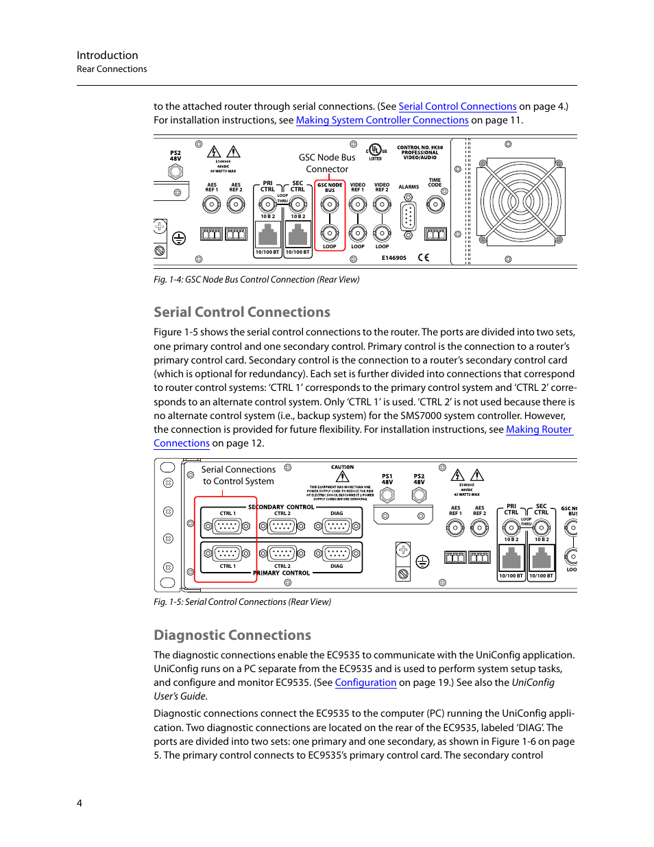 Serial control connections, Diagnostic connections, Serial control connections diagnostic connections | Introduction, Rear connections, Fig. 1-5: serial control connections (rear view), Gsc node bus connector, Serial connections to control system | Grass Valley EC9535 v.1.1 User Manual | Page 12 / 44