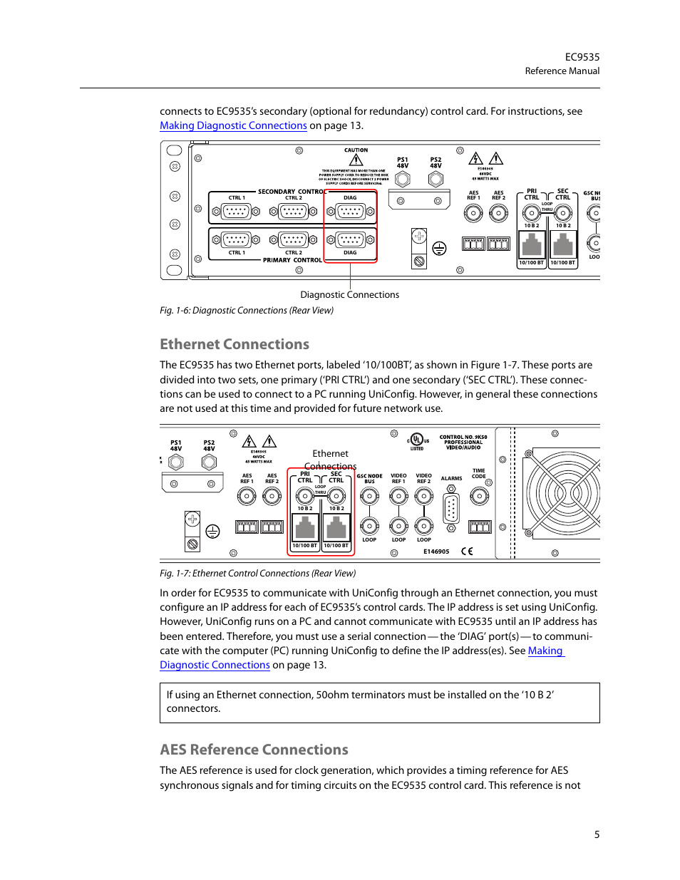 Ethernet connections, Aes reference connections, Ethernet connections aes reference connections | The ‘diag’ port(s), Reference manual, Fig. 1-6: diagnostic connections (rear view), Fig. 1-7: ethernet control connections (rear view), Diagnostic connections | Grass Valley EC9535 v.1.1 User Manual | Page 13 / 44
