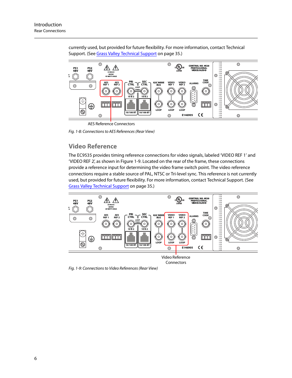 Video reference, Introduction, Rear connections | Aes reference connectors, Video reference connectors | Grass Valley EC9535 v.1.1 User Manual | Page 14 / 44