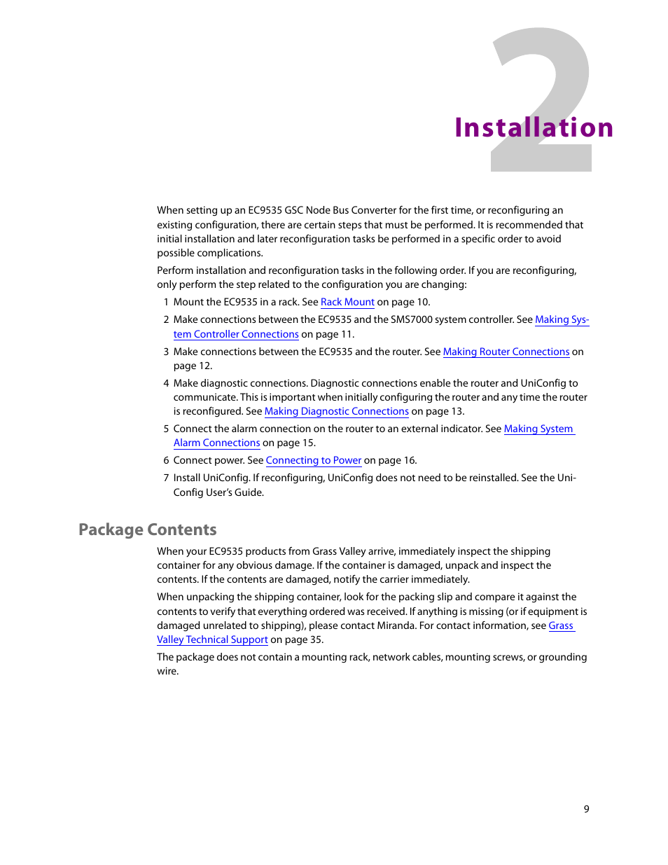 Installation, Package contents, 2 installation | Grass Valley EC9535 v.1.1 User Manual | Page 17 / 44