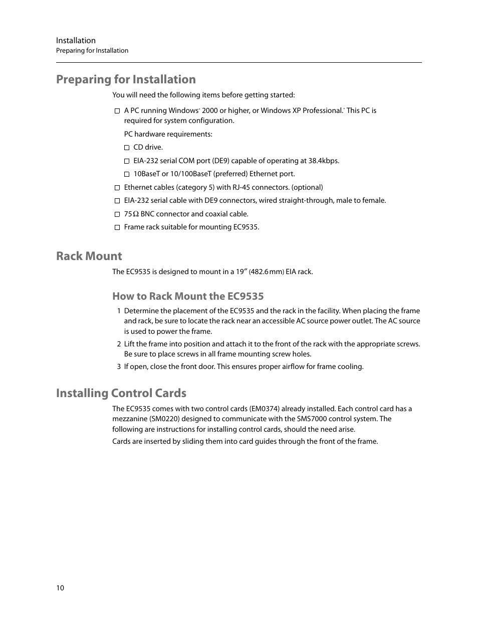 Preparing for installation, Rack mount, How to rack mount the ec9535 | Installing control cards, Preparing for installation rack mount | Grass Valley EC9535 v.1.1 User Manual | Page 18 / 44