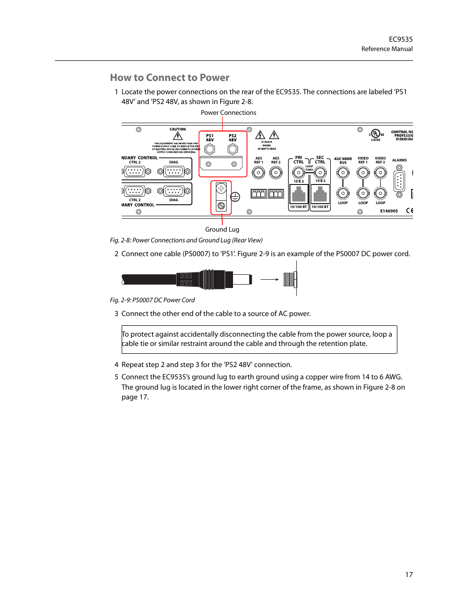 How to connect to power, Reference manual, Power connections ground lug | Grass Valley EC9535 v.1.1 User Manual | Page 25 / 44