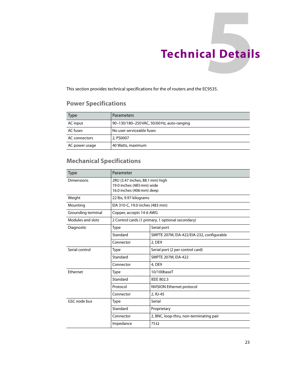 Technical details, Power specifications, Mechanical specifications | 5 technical details, Power specifications mechanical specifications | Grass Valley EC9535 v.1.1 User Manual | Page 31 / 44