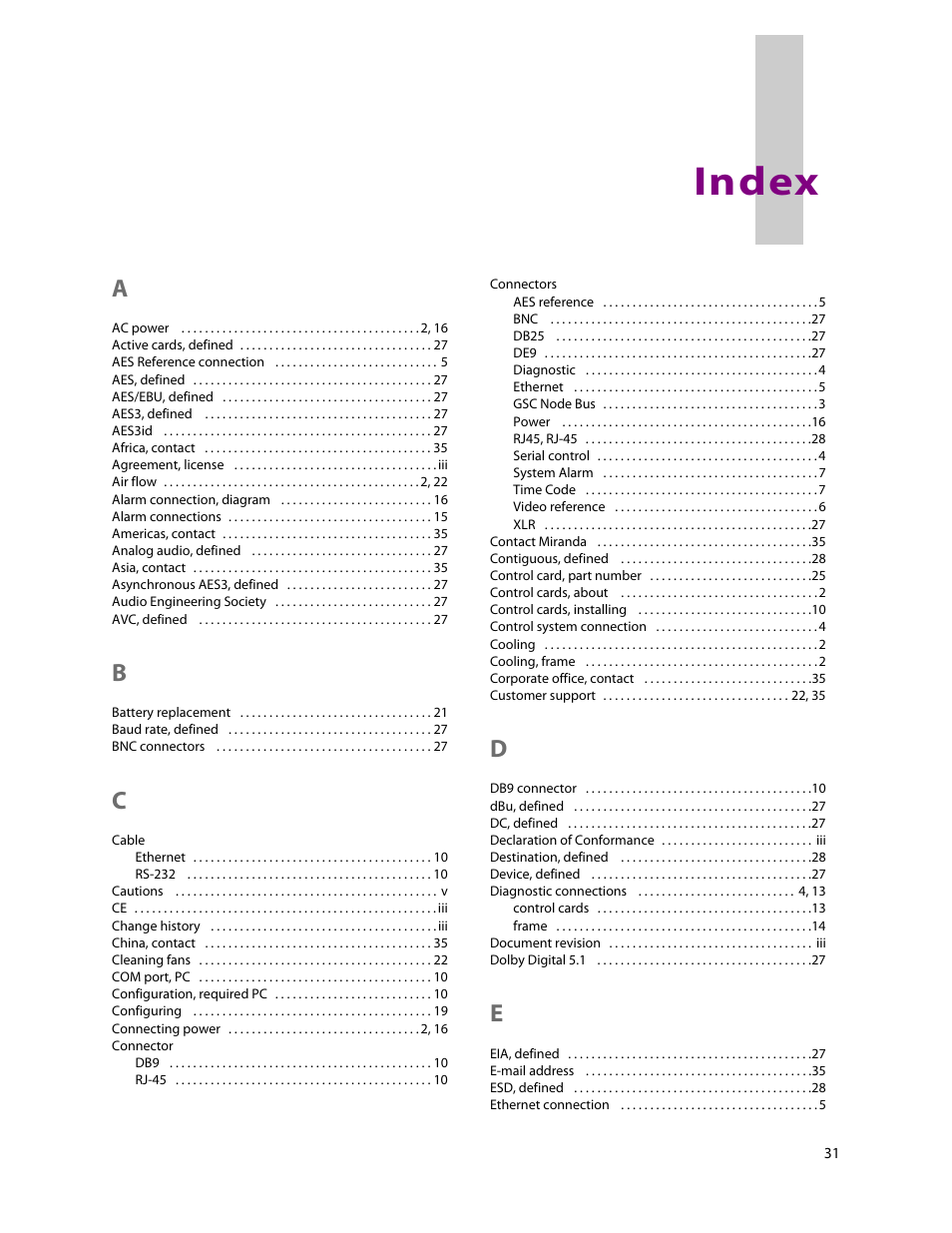 Index | Grass Valley EC9535 v.1.1 User Manual | Page 39 / 44