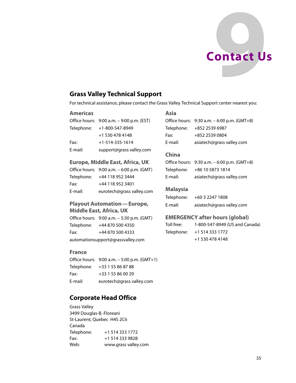 Contact us, Grass valley technical support, Grass | Valley technical support, Grass valley, Technical support, Grass valley technical sup, Port, Africa, contact, Americas, contact | Grass Valley EC9535 v.1.1 User Manual | Page 43 / 44