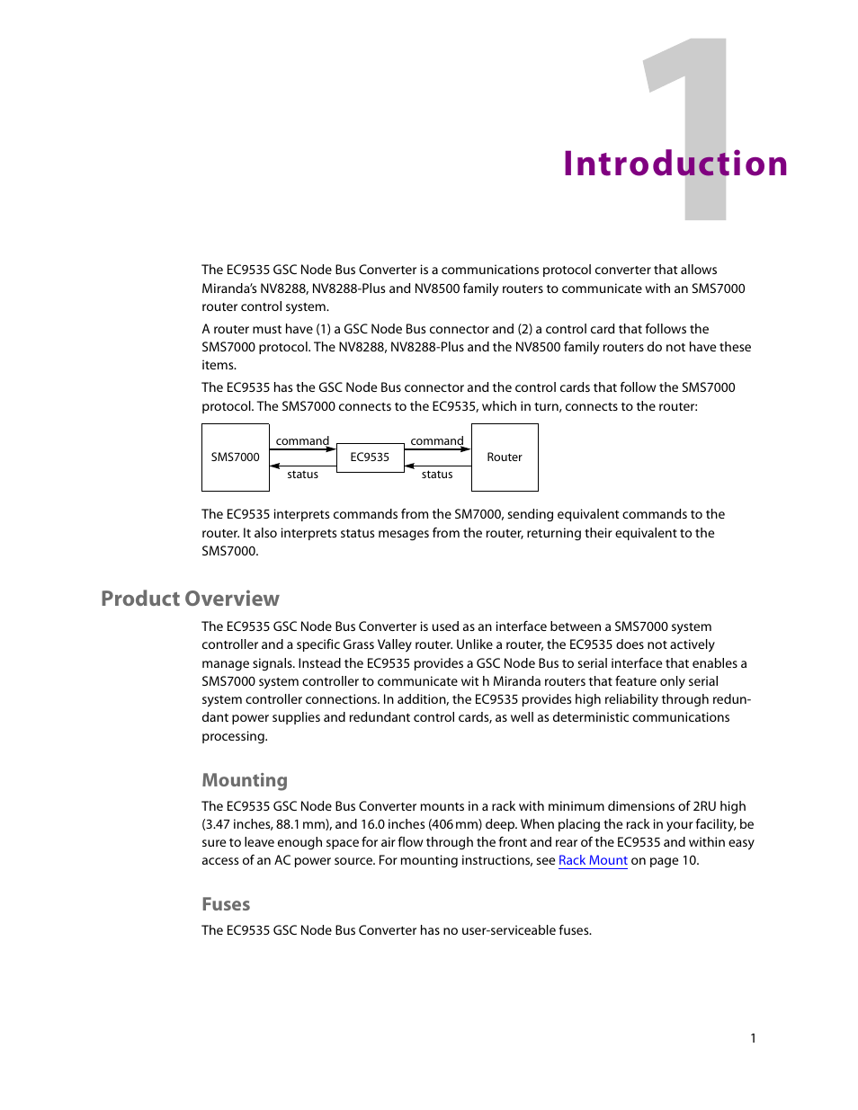 Introduction, Product overview, Mounting | Fuses, 1 introduction, Mounting fuses | Grass Valley EC9535 v.1.1 User Manual | Page 9 / 44