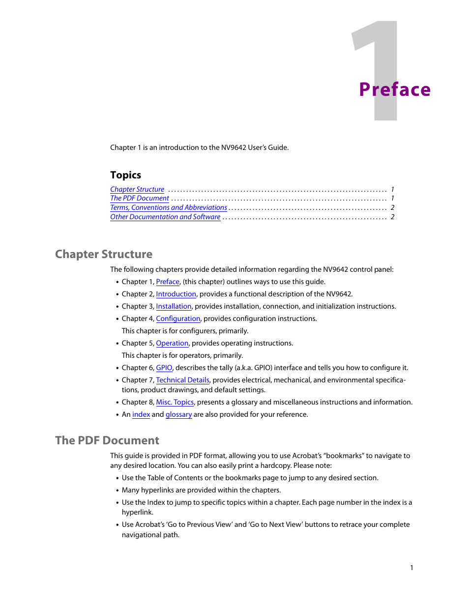 Preface, Chapter structure, The pdf document | 1 preface, Chapter structure the pdf document, Topics | Grass Valley NV9642 v.1.2 User Manual | Page 11 / 106