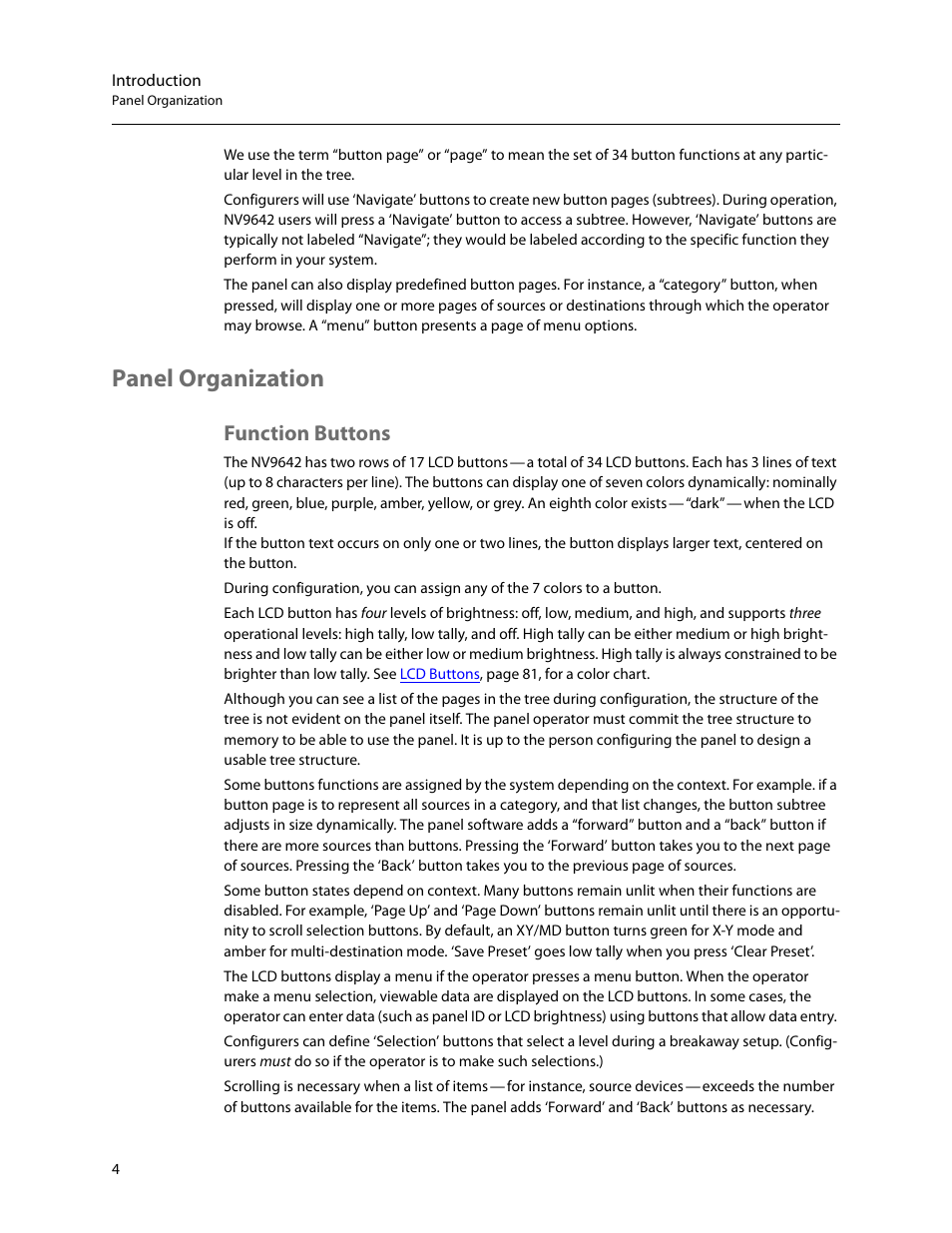 Panel organization, Function buttons, Introduction | Grass Valley NV9642 v.1.2 User Manual | Page 14 / 106
