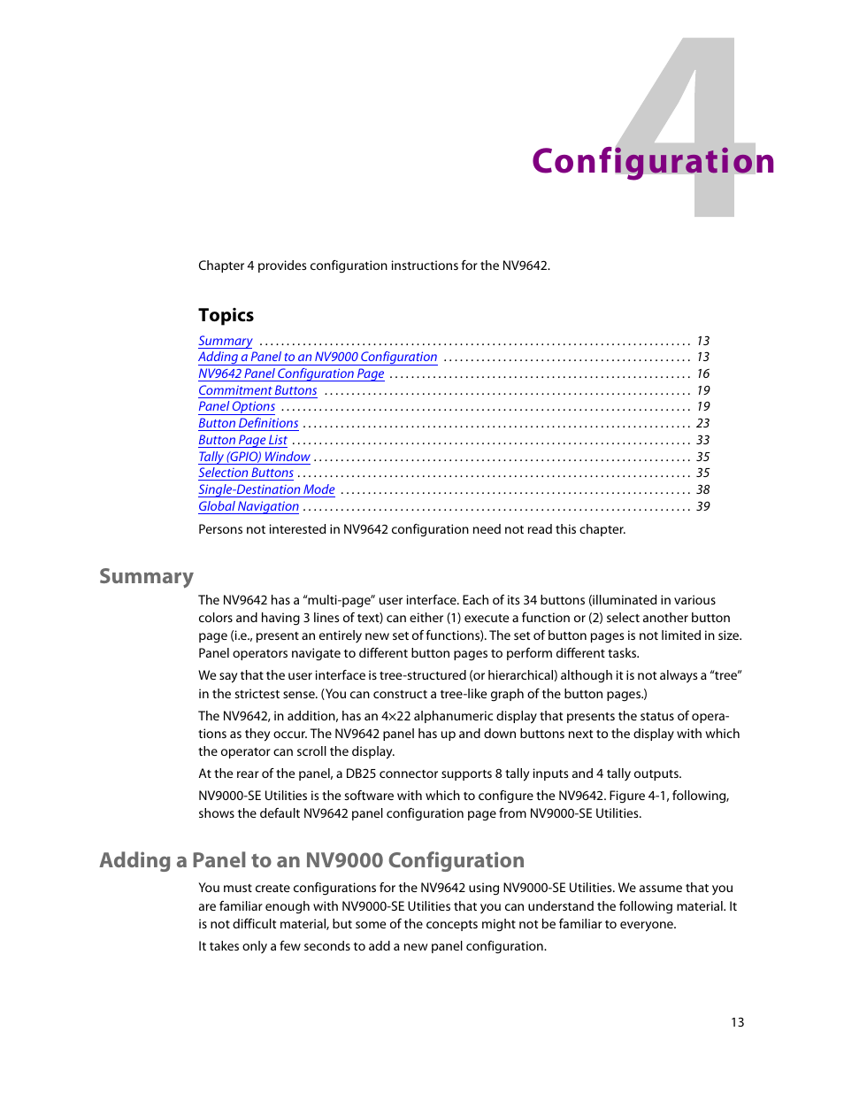 Configuration, Summary, Adding a panel to an nv9000 configuration | 4 configuration, Summary adding a panel to an nv9000 configuration, Chapter 4, Topics | Grass Valley NV9642 v.1.2 User Manual | Page 23 / 106