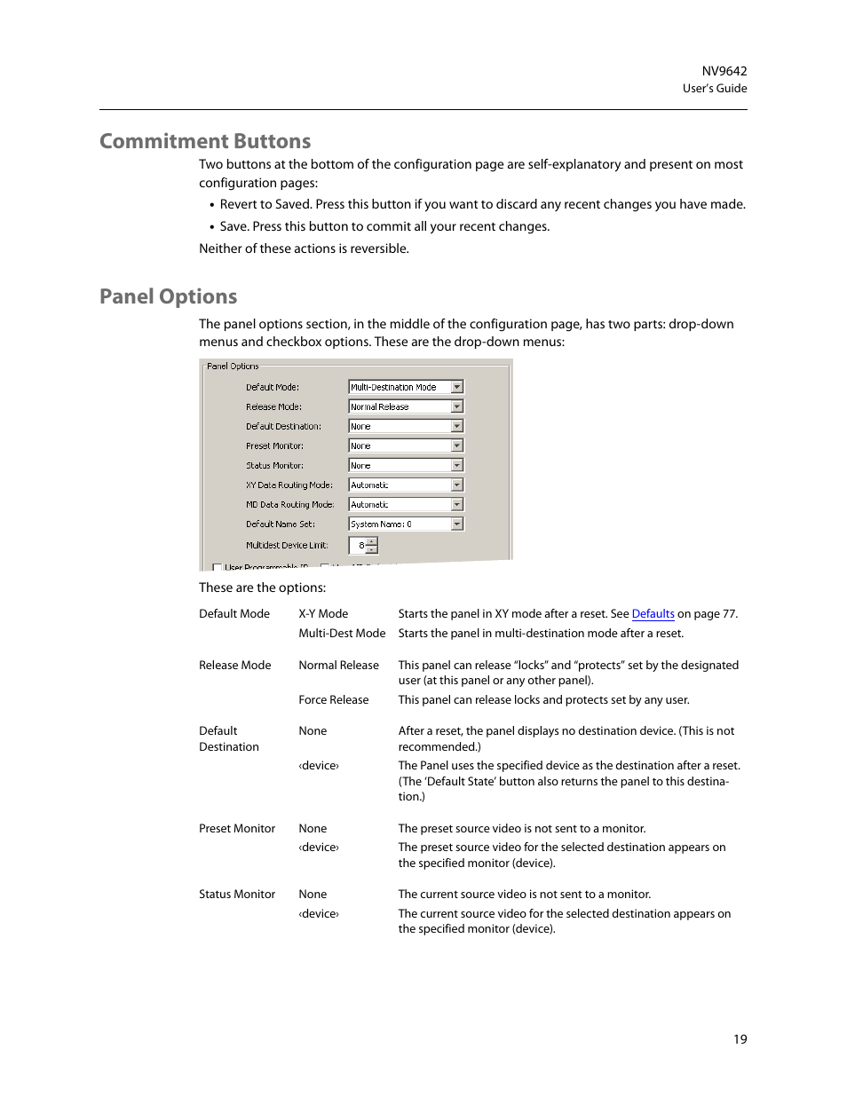 Commitment buttons, Panel options, Commitment buttons panel options | Grass Valley NV9642 v.1.2 User Manual | Page 29 / 106