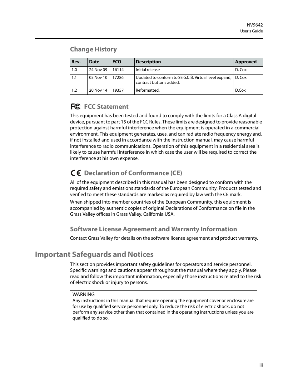 Important safeguards and notices, Change history fcc statement, Declaration of conformance (ce) | Grass Valley NV9642 v.1.2 User Manual | Page 3 / 106