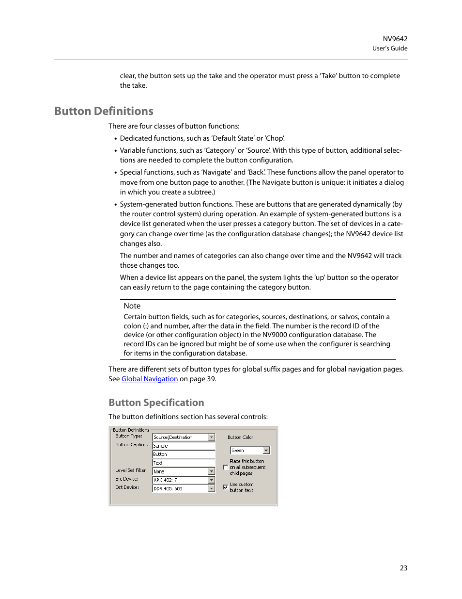 Button definitions, Button specification | Grass Valley NV9642 v.1.2 User Manual | Page 33 / 106