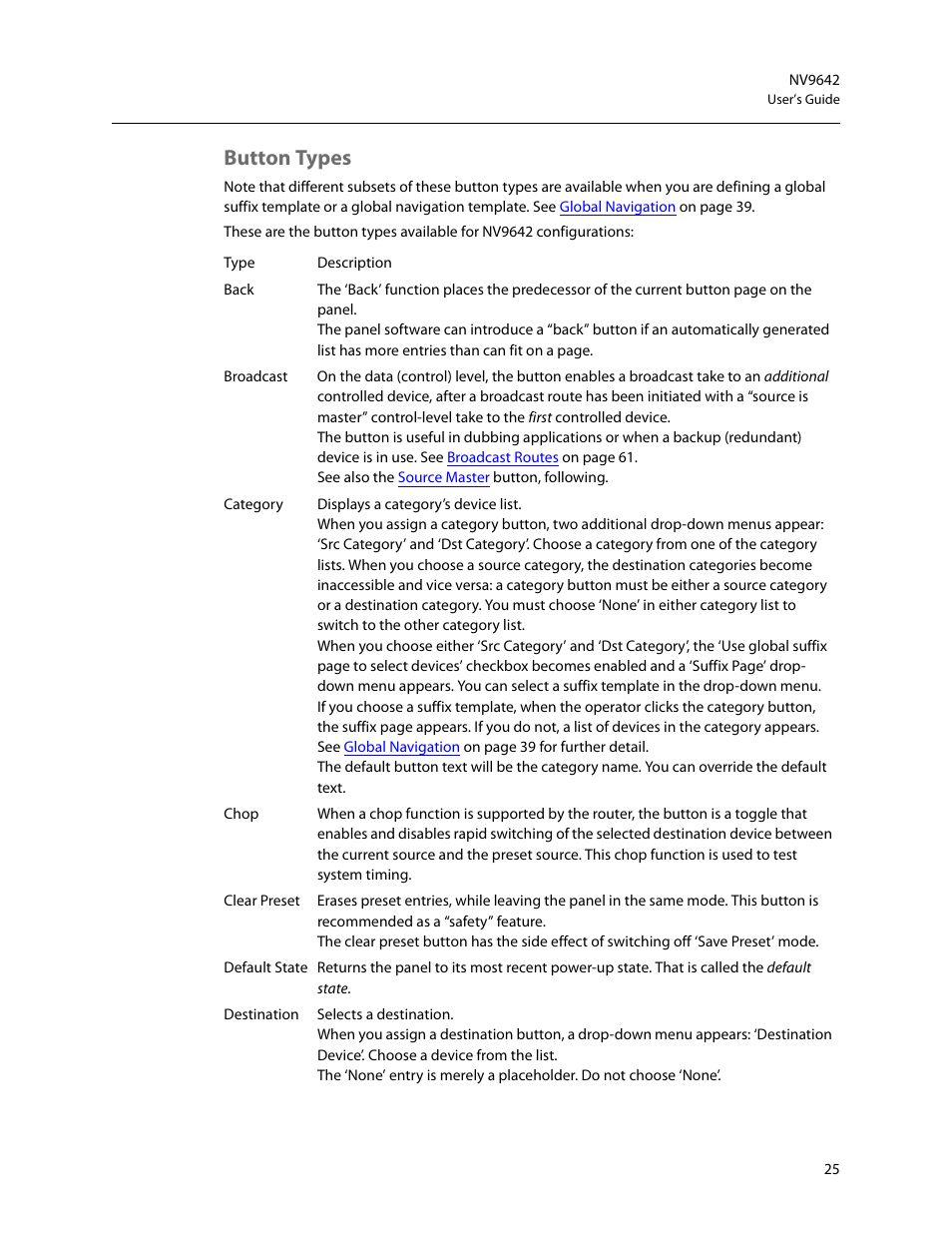 Button types | Grass Valley NV9642 v.1.2 User Manual | Page 35 / 106