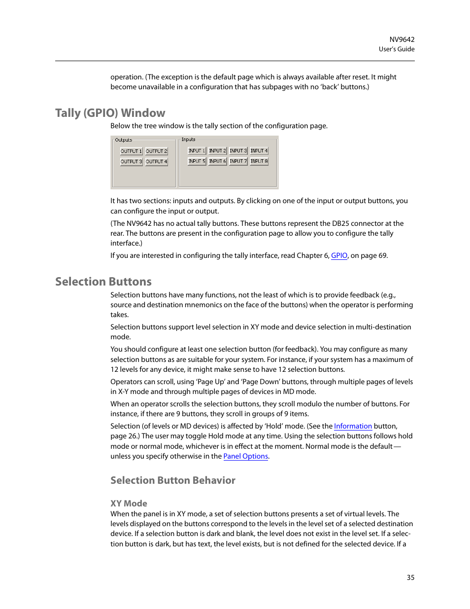 Tally (gpio) window, Selection buttons, Selection button behavior | Xy mode, Tally (gpio) window selection buttons | Grass Valley NV9642 v.1.2 User Manual | Page 45 / 106