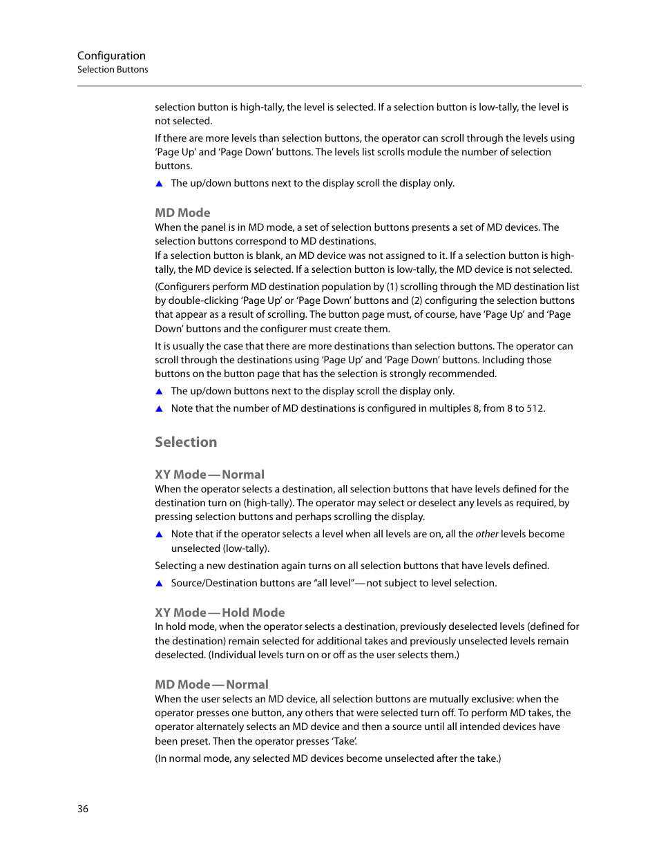 Md mode, Selection, Xy mode - normal | Xy mode - hold mode, Md mode - normal, Xy mode, Normal, Hold mode | Grass Valley NV9642 v.1.2 User Manual | Page 46 / 106