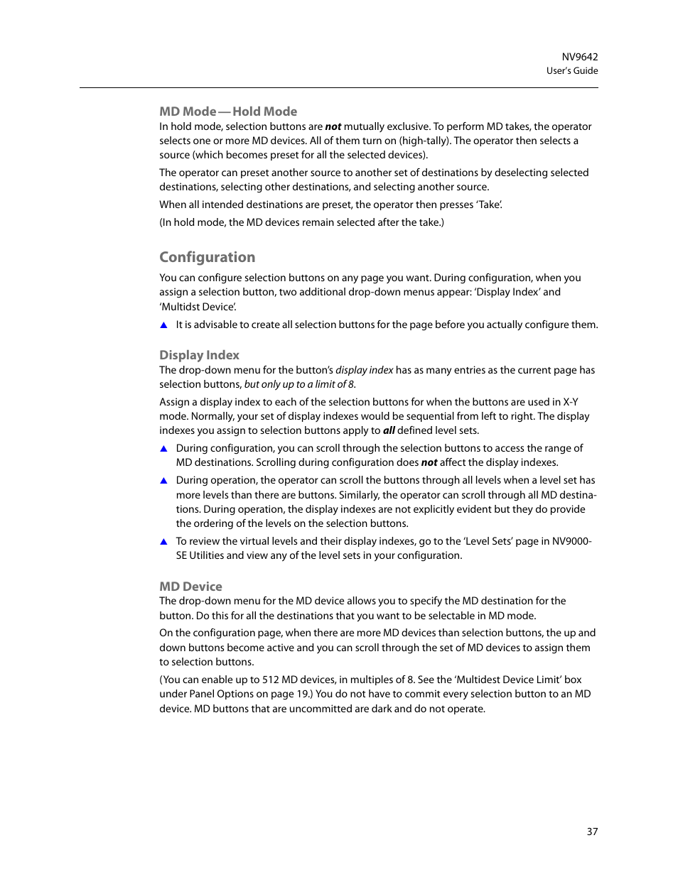 Md mode - hold mode, Configuration, Display index | Md device, Md mode, Display index md device | Grass Valley NV9642 v.1.2 User Manual | Page 47 / 106